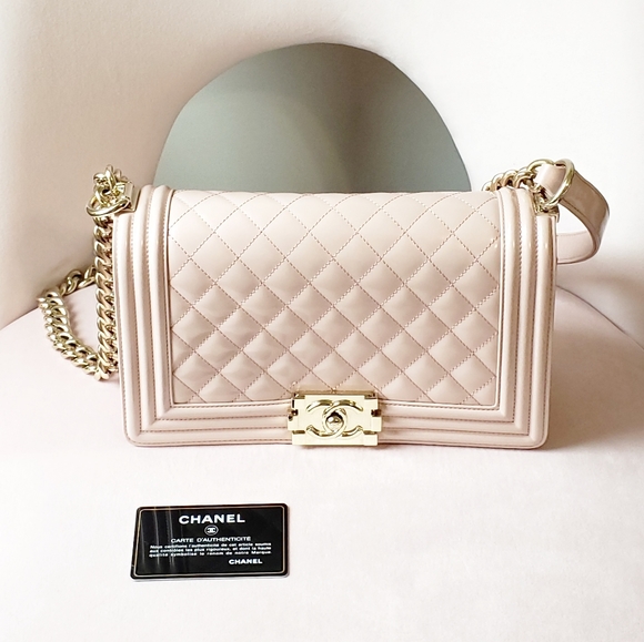 CHANEL Medium Boy Flap Calfskin Leather Shoulder Bag Light Cream